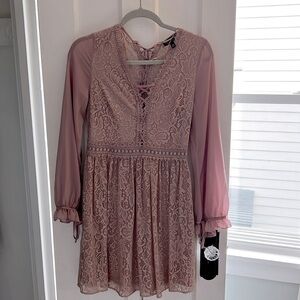 Long sleeved dusty pink, lace top shop dress, size 6